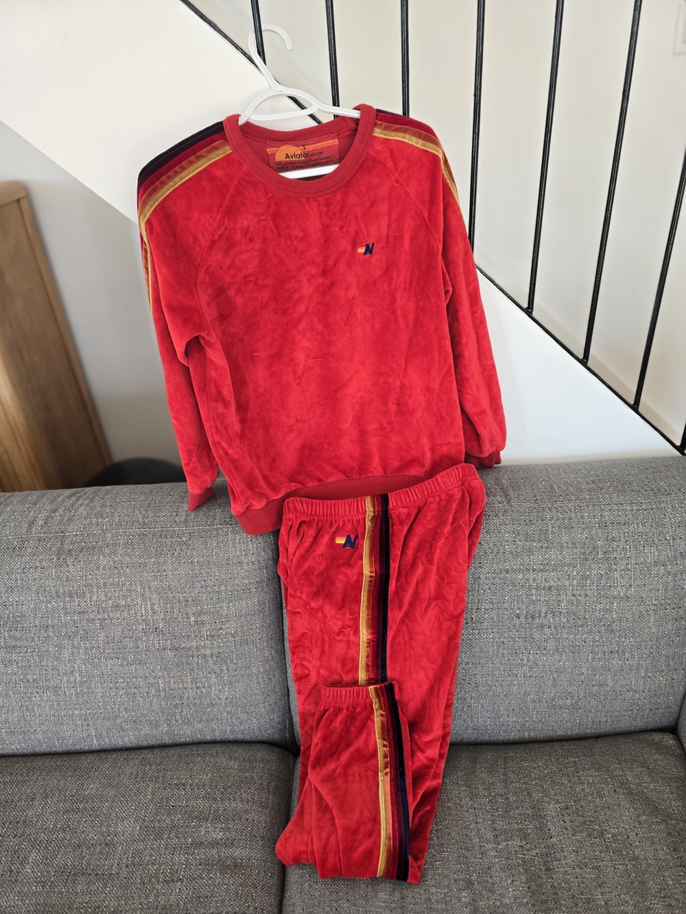 Aviator Nation Red Velour Set with Stripe Detail Small